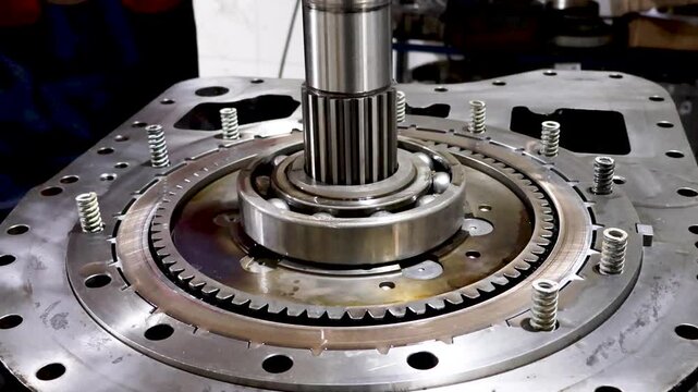 Mechanic assembling transmission clutch plates and ball bearing in mechanical repair shop.