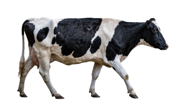 Black and white Holstein cow walking, isolated on transparent background