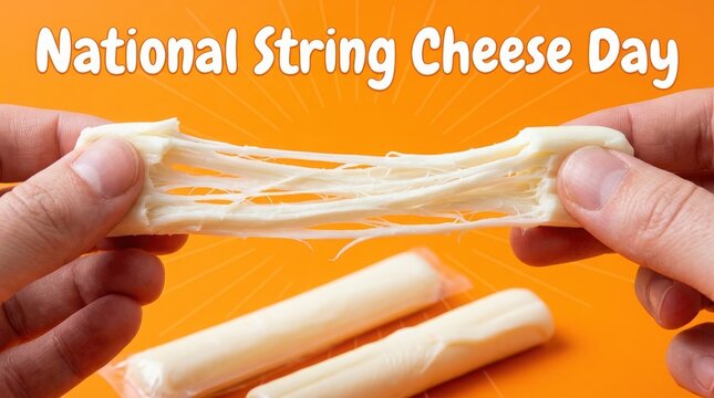 Hands pulling apart a piece of string cheese against a bright orange background
