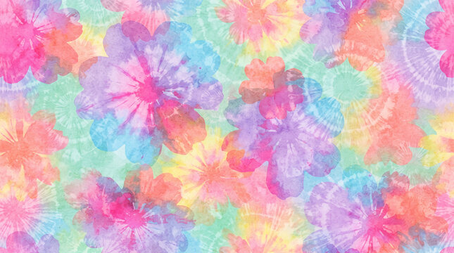 Tie dye floral seamless pattern background, vibrant watercolor flowers wallpaper design