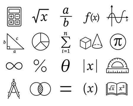 Mathematics Symbols and Formula Icons Set, Algebra Geometry Calculus Statistics and Trigonometry Vector Collection