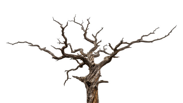 Gnarly dead tree trunk with twisted branches, isolated on transparent background