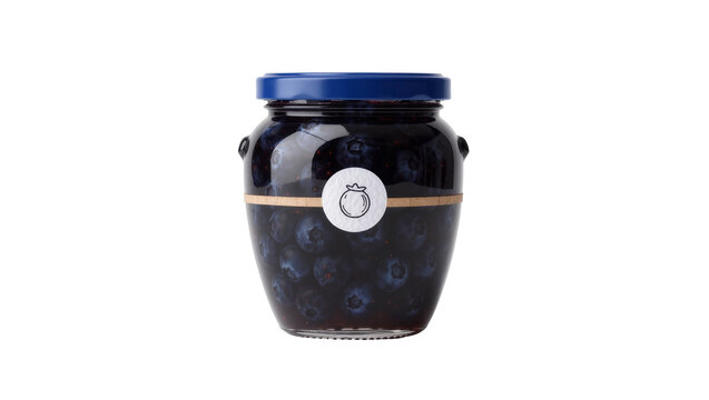 Glass jar of blueberry jam with blue lid, isolated on transparent background