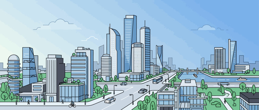 Modern city skyline with skyscrapers and urban landscape in flat vector illustration