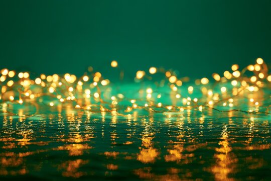 Soft lights reflect on a water surface in a dark room with a green background on a calm night