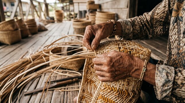 Bornean Artisan Weaving Traditional Rattan Basket on Longhouse Veranda &mdash; AI-Generated Image