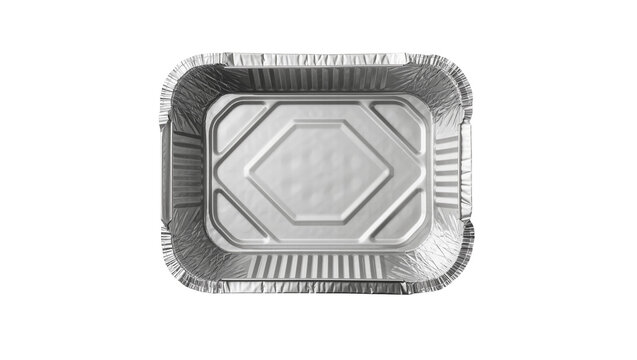 Empty rectangular aluminum foil food container with embossed geometric pattern, isolated on transparent background