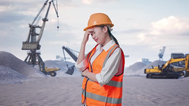 Side View Of Asian Female Engineer With Safety Helmet Having A Headache While Working at Gravel Stockpile Yard with Cranes and Excavators