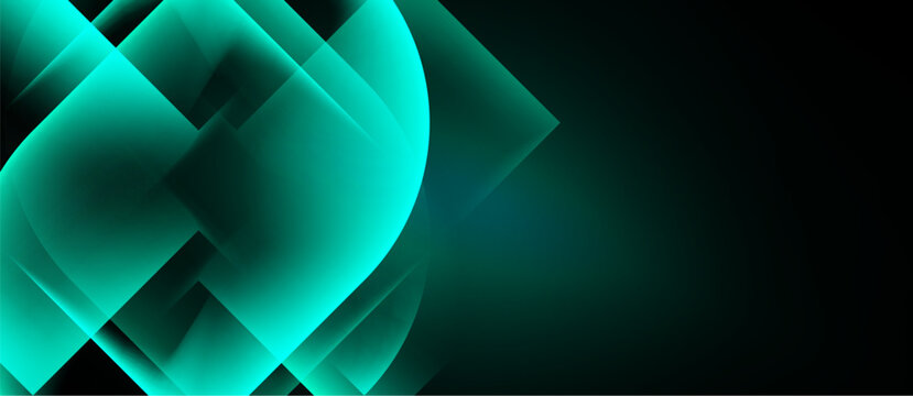 Abstract teal shapes overlap, creating dynamic composition. Dark background emphasizes glowing geometric forms. Modern design.