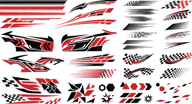 Set of abstract racing car decals and tribal vector graphic elements for vehicle decoration with vehicle graphics car stickers tribal design checkered pattern vinyl decals speed graphic