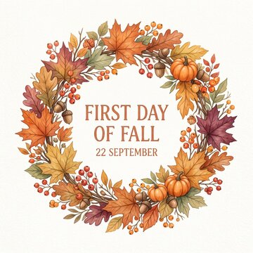 Autumn wreath with First Day of Fall 22 September text. Seasonal foliage circle with maple leaves and pumpkins. Watercolor harvest frame.