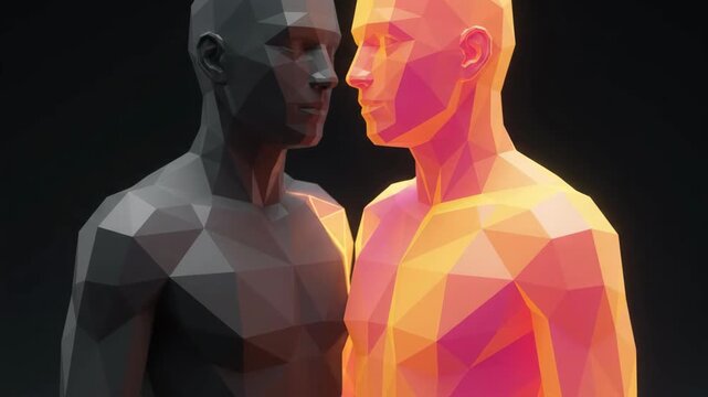 Two abstract low poly human figures facing each other in a dark setting, representing duality and contrast.
