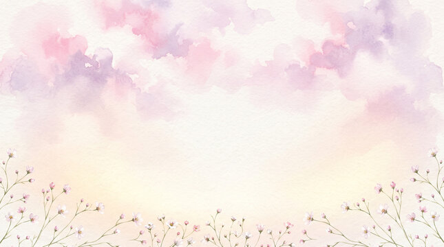 Beautiful watercolor background with soft pastel clouds and delicate small flowers at the bottom border