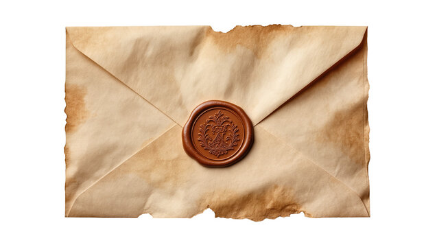Aged parchment envelope sealed with ornate wax, isolated on transparent background