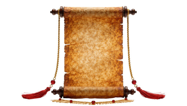 Antique parchment scroll with wooden rollers red tassels and gold chain, isolated on transparent background