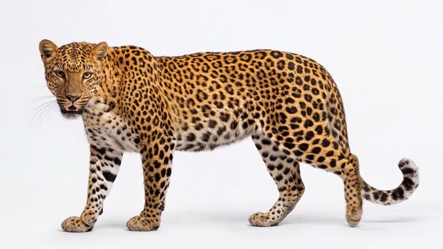 Leopard standing proudly isolated on white background, showcasing its striking spots and graceful stance. The majestic big cat exemplifies strength and elegance. Video made using Generative AI.