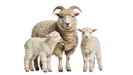 Obraz premium Adult sheep with curved horns and two fluffy lambs, isolated on transparent background
