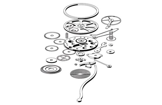 Exploded view of mechanical clock movement parts