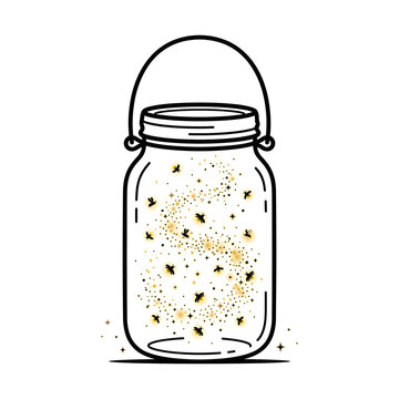 Firefly jar vector illustration, glowing lightning bugs in a glass mason jar lantern on white background