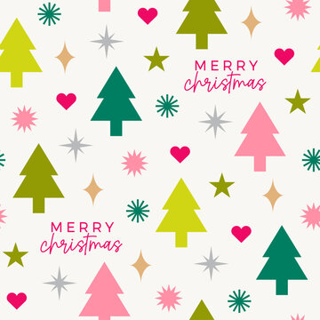 Geometric pine tree and star seamless pattern design for Christmas and new year background.
