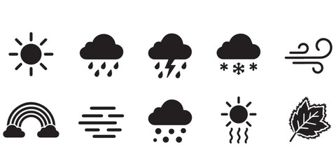 Obraz premium Set of black weather icons featuring sun rain storm snow wind rainbow fog and leaf symbols. A collection of minimalist weather forecast symbols in a flat vector style for digital interfaces.
