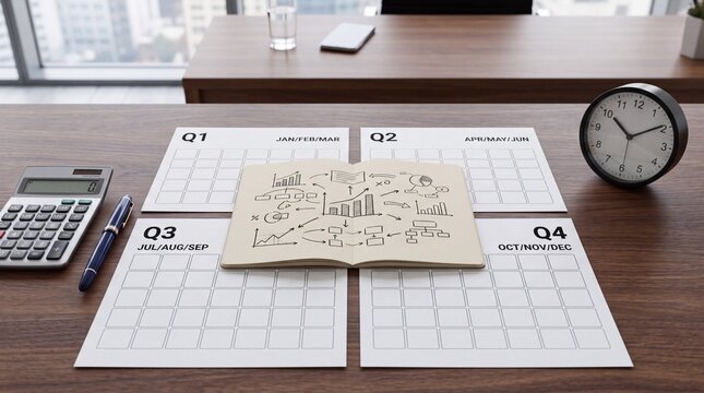 Quarterly business planning on office desk with charts