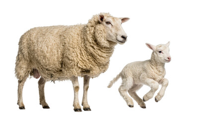 Fluffy sheep and playful lamb, isolated on transparent background © Freya