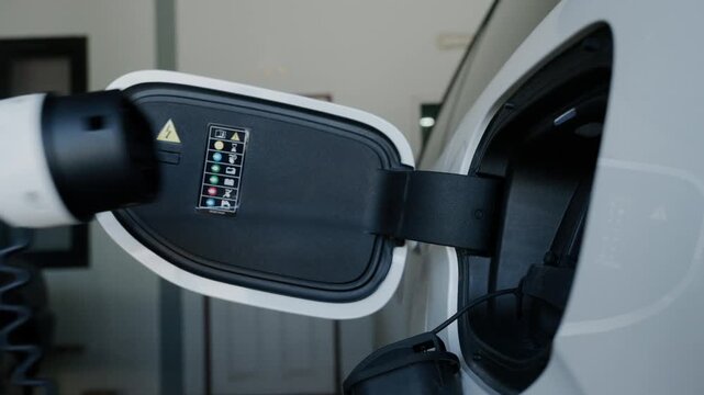 Person plugging in EV charging cable to white electric vehicle for sustainable energy transport.	