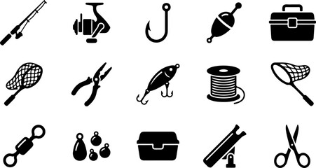 Fishing Gear and Tackle Silhouette Icon Set Solid Vector Illustration for Outdoor Sport © Hasnah