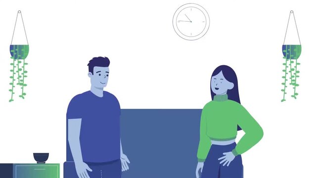 Animated motion clip showing man and woman having a friendly conversation inside a cozy modern living room flat vector design