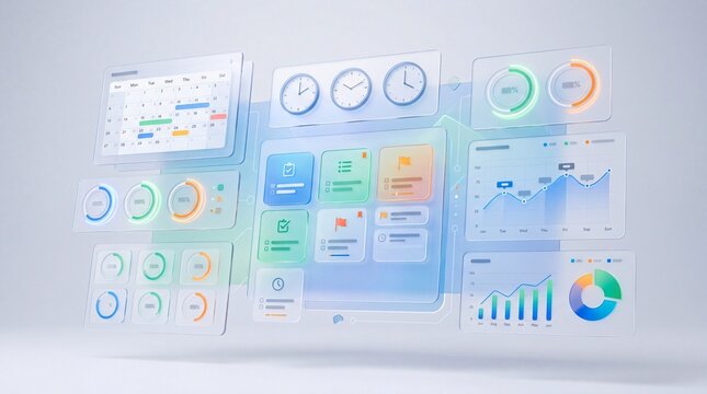 Futuristic translucent glass ui dashboard with floating data panels
