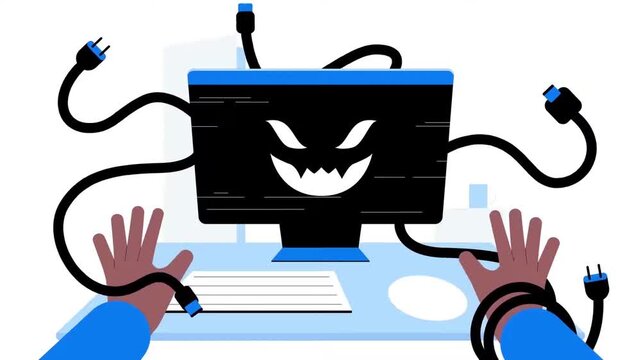 Hacker controlling computer with tangled wires in this digital animation video showing malicious software threats on a dark monitor screen