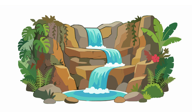Tropical waterfall cascade with rocks and lush plants cartoon vector