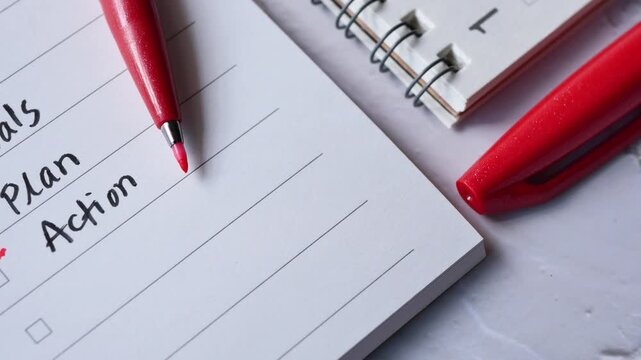 Macro footage of red pen ticking off goals plan and action items in paper notebook on white background