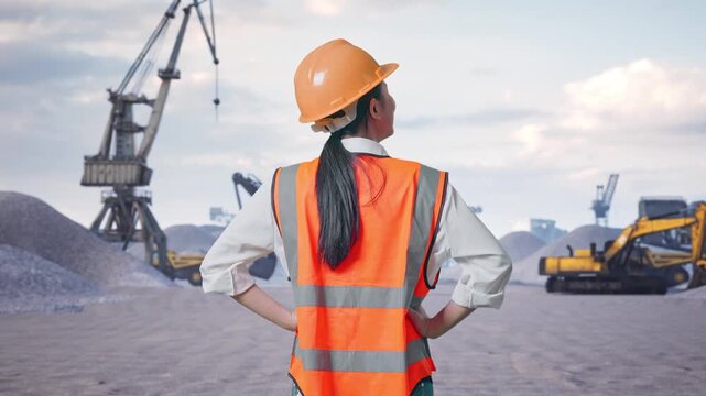 Back View Of A Female Engineer Wearing Safety Helmet Looking Around While Standing With Arms Akimbo at Gravel Stockpile Yard with Cranes and Excavators