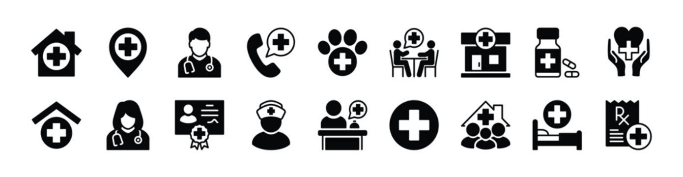 Clinic icon vector set. Contains hospital, pharmacy, map pin location, doctor, nurse, emergency call, medicine, healthcare, veterinary, recipe, receptionist, health room, certificate, family