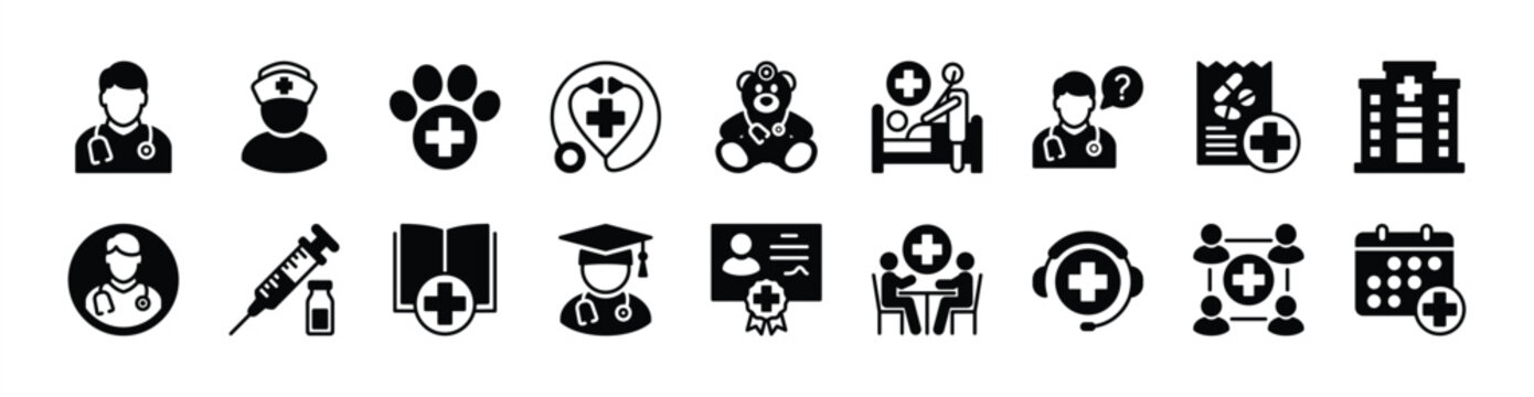 Doctor icon vector set. Contains pediatrician, examining patient, medicine prescription, hospital, nurse support, veterinarian, stethoscope, syringe, medical education book, help care. Illustration