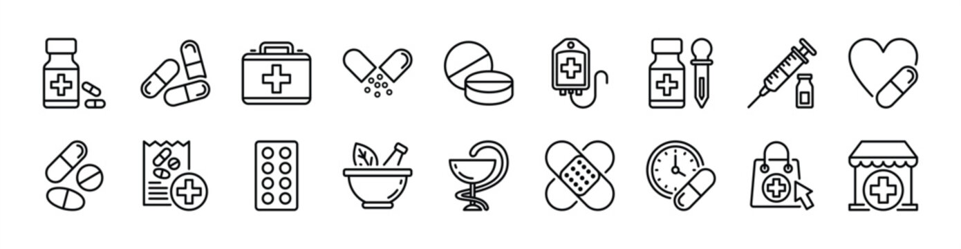 Medicine thin line icon set. Contain first aid kit, drug, capsule, syrup, donor or blood bag, syringe, recipe, herbal, pharmacy, drugstore, health medication, plaster, online shop. Vector illustration