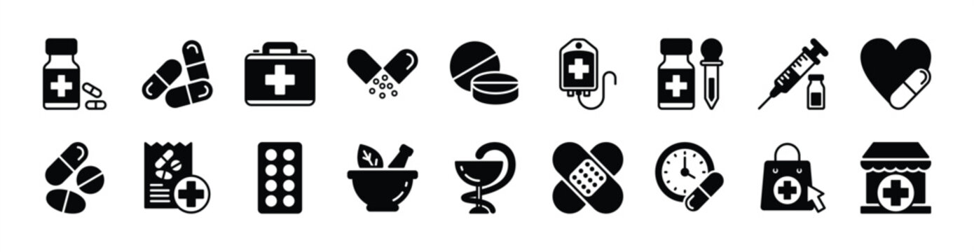 Medicine icon vector set. Contains first aid kit, pharmacy, drug, health medication, donor or blood bag, syringe, capsule, syrup, recipe, herbal, drugstore, plaster, online shop. Illustration
