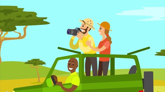 Safari tourists enjoy taking pictures of wildlife in nature during this colorful animated video footage for your exciting travel project