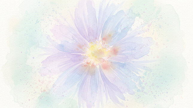 Watercolor painting of a light blue and purple aster flower with soft pastel tones and paint splatters