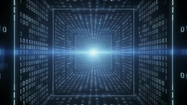 futuristic digital tunnel with glowing binary code and blue light perspective