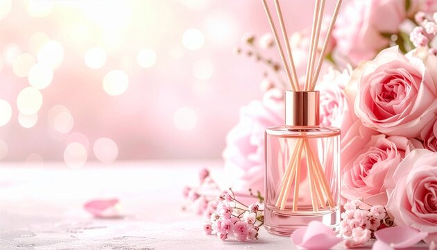 高級リードディフューザーとピンクの花が彩るゴージャスな香りの空間