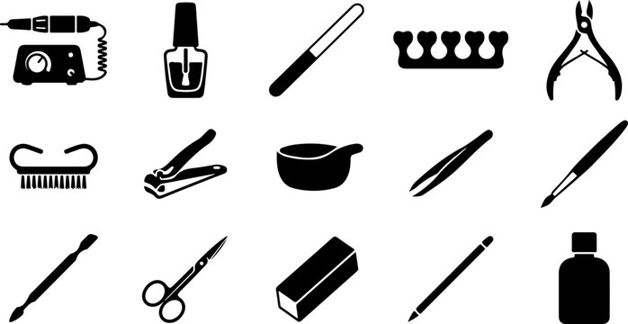 Manicure and Pedicure Tools Glyph Icon Set Solid Silhouette Vector Illustration for Nail Care