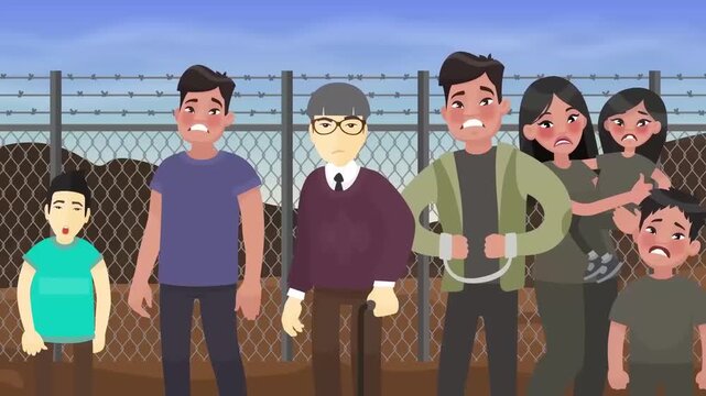 Displaced refugee family members looking distressed and trapped behind a barbed wire fence in this emotional motion animation video clip