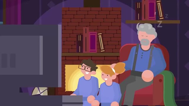 Grandfather sleeping on chair while children watch television in cozy living room at night flat vector style motion animation clip