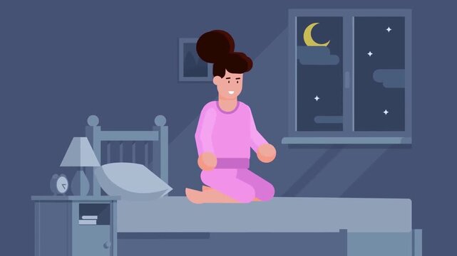Happy woman kneeling on bed during the night in this flat design animation style motion clip for bedtime media projects