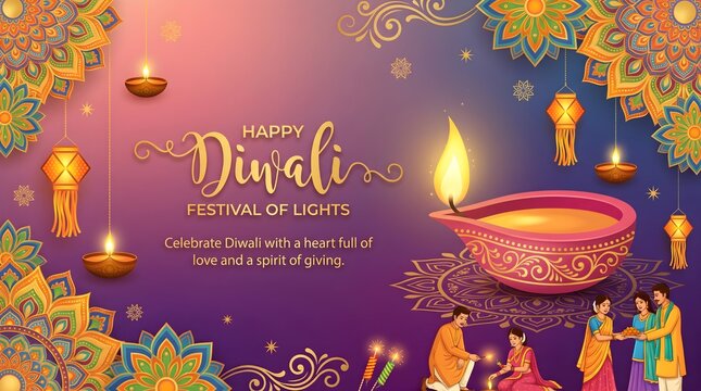 Happy Diwali festival of lights vector banner template. Indian family celebrating with diya oil lamps, hanging lanterns, and mandala patterns. Purple and gold festive greeting card design.
