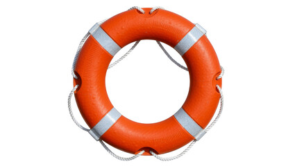Orange life preserver ring with reflective stripes and rope, isolated on transparent background © Freya