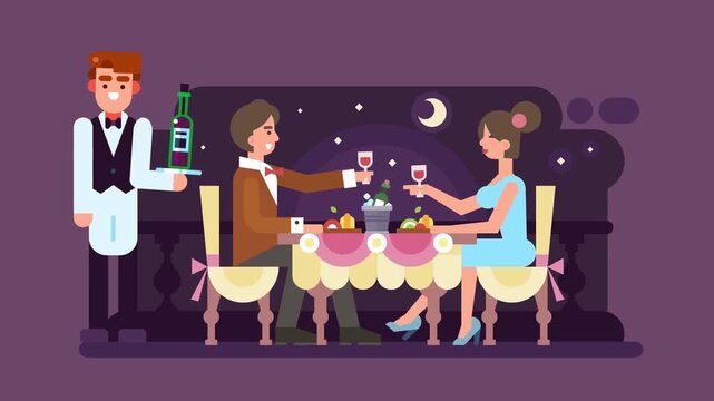 Romantic couple enjoying elegant dinner date with waiter serving drinks in high quality vector animation style motion loop video clip